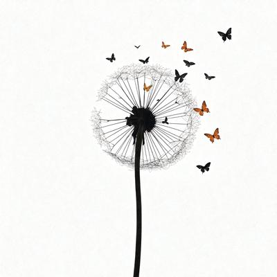 The primary subject of the image is a dandelion with a butterfly flying around it. The dandelion is located in the center of the image, and the butterfly is positioned above it. The setting is a white background, which provides a clean and minimalistic appearance to the scene. The visual style is a combination of a photo and a drawing, creating a unique and artistic representation of the dandelion and butterfly. The colors and mood of the image are predominantly white, giving it a calm and serene atmosphere.